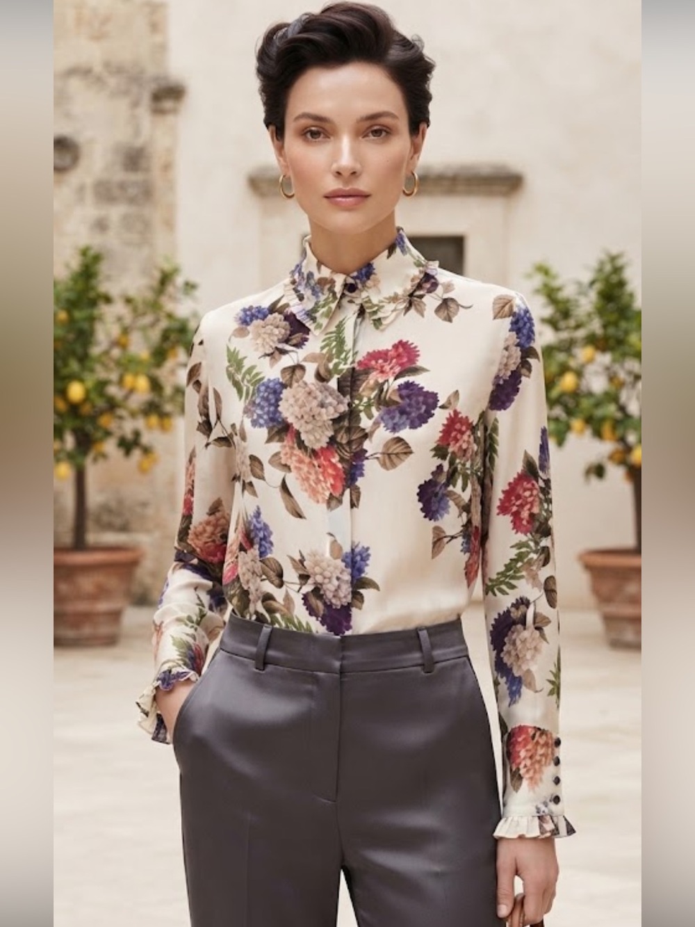 Escada Silk Floral Blouse Cream Botanical Print Ruffle Collar n Cuff Top Size 16